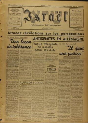Israël : Hebdomadaire Juif Indépendant Vol.19 N°45 (08 décembre 1938)